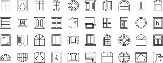 Collection of Line Icons of various windows as part of house. Suitable for books, stores, shops. Editable stroke in minimalistic outline style. Symbol for design