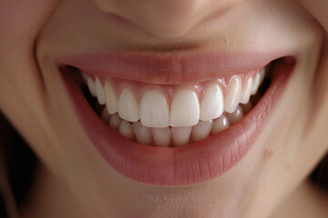 Obraz premium Beautiful Bright Smile with White Teeth and Red Lips: Close-Up Dental Health and Cosmetic Dentistry Aesthetics