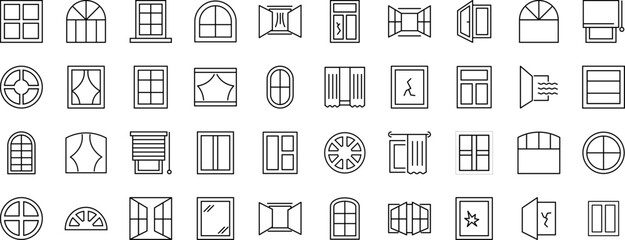 Collection of Icons of various windows as part of house for Shops and Stores. Suitable for books, stores, shops. Editable stroke in minimalistic outline style. Symbol for design
