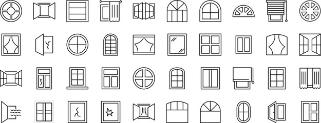 Line Signs of various windows as part of house for Advertisement. Suitable for books, stores, shops. Editable stroke in minimalistic outline style. Symbol for design