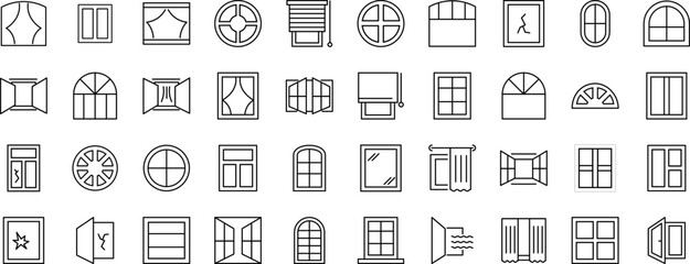 Line Signs of various windows as part of house for Adverts. Suitable for books, stores, shops. Editable stroke in minimalistic outline style. Symbol for design