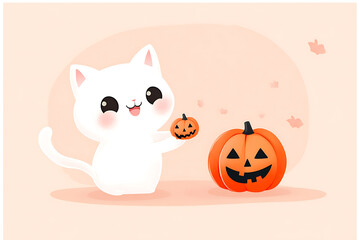 A cute white cat holding a pumpkin in its mouth