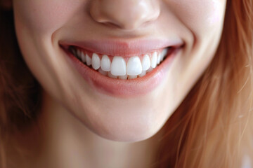 Obraz premium Beautiful Bright Smile with White Teeth and Red Lips: Close-Up Dental Health and Cosmetic Dentistry Aesthetics