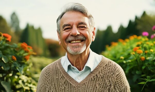 Lifestyle portrait video of a grinning man in his 50s wearing a cozy sweater against a garden or botanical background