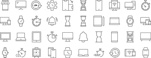 Collection of Signs of timer, clock, computer, phone, smartwatch. Suitable for books, stores, shops. Editable stroke in minimalistic outline style. Symbol for design