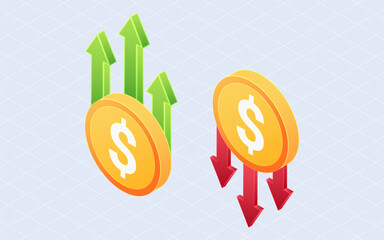 Isometric cost arrow, price money. Arrow down and up isolated on white background
