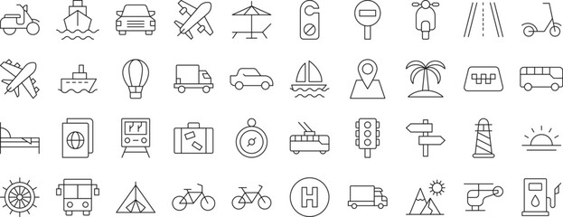 Line Signs of transport, travel, trip, vacation for Advertisement. Suitable for books, stores, shops. Editable stroke in minimalistic outline style. Symbol for design