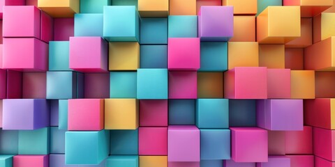 A 3D render featuring vibrant, colored concrete cubes arranged in a grid pattern, creating a dynamic and visually engaging background.