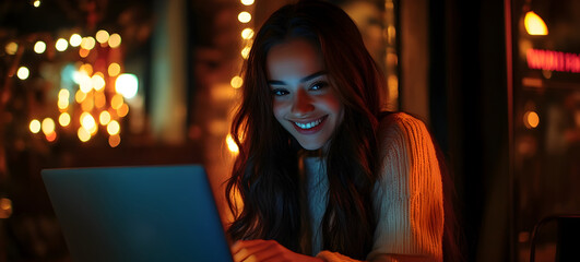 Obraz premium Smiling Young Woman with Dark Wavy Hair Working on Laptop in Cozy Cafe at Night