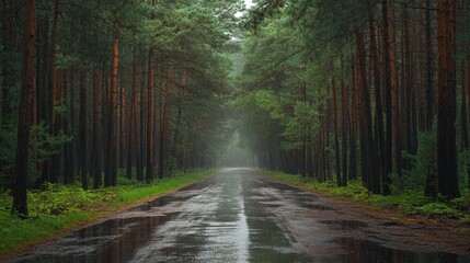 A Paved Road Through a Dense Pine Forest After Rain