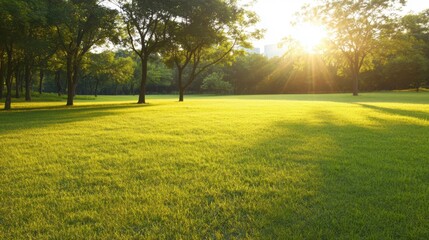 Sunlight illuminates a serene park filled with vibrant green grass and tall trees.