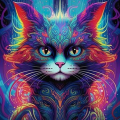 Psychedelic cat digital painting, Generative AI