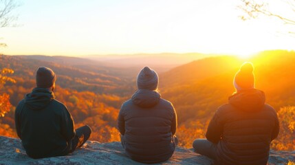 Friends sit together, admiring the breathtaking sunset and vibrant autumn foliage in a serene outdoor setting.