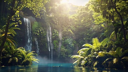 Obraz premium Panoramic beautiful deep forest waterfall in Thailand which is very good