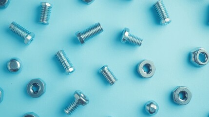 Fototapeta premium Collection of metal nuts and bolts scattered across a light gray surface in a workspace.