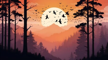 Fototapeta premium Sunset Mountain Landscape with Birds Flying