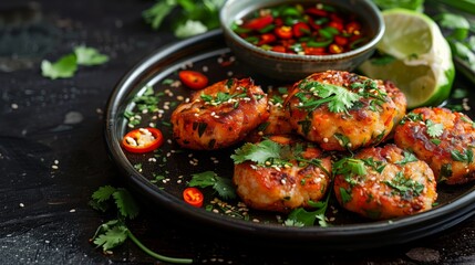 Asian style food photography of chicken and Thai fish cakes with lime, red chili oil and coriander on dark plate with small bowl filled by sauce