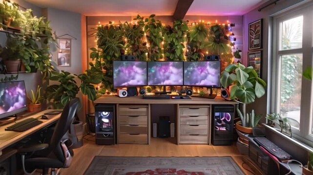 This well-decorated workspace featuring plants, multiple monitors, and soft lighting.
