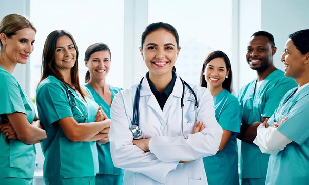 Group portrait video of a cheerful doctor in her 30s wearing a scrub or lab coat with doctors nurses therapists