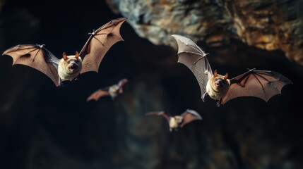 Mystical Bats Emerged from Dark Cave - Eerie Wildlife Silhouettes Against Black Night Sky