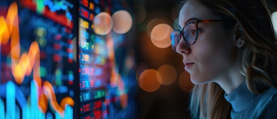 Focused woman analyzing stock market data on a digital screen in a modern office, displaying financial graphs and numerical data.
