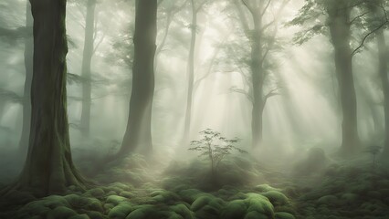 Ethereal Mist: Flowing, wispy mist in a mystical, forest setting, with soft light filtering through trees and creating a serene, otherworldly atmosphere.