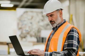 Portrait of a geologist analyzing data on a laptop in the office, Generative AI