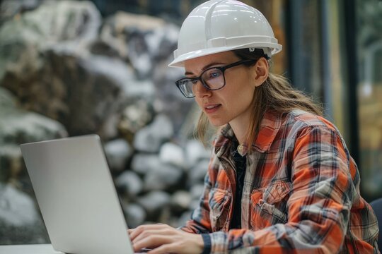 Portrait of a geologist analyzing data on a laptop in the office, Generative AI