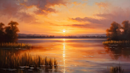 Obraz premium Sunset over a tranquil lake, a serene landscape oil painting on canvas reflecting tranquility, capturing the intersection of the dying sun and the silent lake, water surface dancing with warm colors o