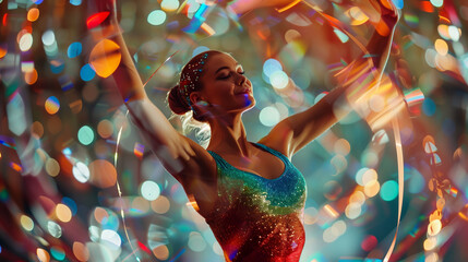 Young gymnast in colorful leotard performing rhythmic ribbon routine