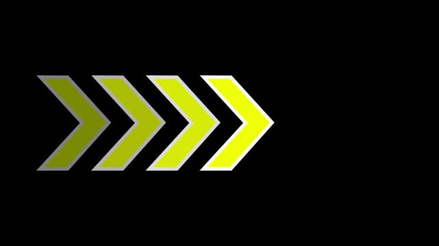 bright purple neon light arrows pointing to the right. 3D rendering of glowing yello arrows on a black background. Flashing direction indicators. See my portfolio for more color or design images.