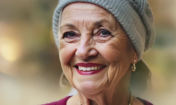 Portrait video of a happy Saudi Arabian woman in her 70s wearing a chic cardigan against an abstract background 