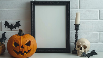 Blank photo frame with a festive autumn background featuring pumpkins and Halloween decor makes the perfect template for seasonal decoration. pumpkin, halloween, frame, background, blank, autumn.