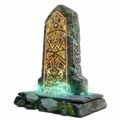 3D Render, Low Poly style of a gravestone with magical runes glowing at night, on isolated white background, Generative AI