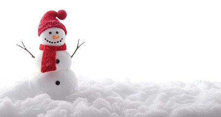 Snowman with red hat and scarf standing in snow isolated on transparent background