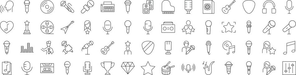 Collection of Line Icons of music, singer, microphone for Adverts. Suitable for books, stores, shops. Editable stroke in minimalistic outline style. Symbol for design
