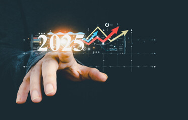 Businessman analyzes business growth plan in 2025, digital marketing strategy, revenue, profit,...