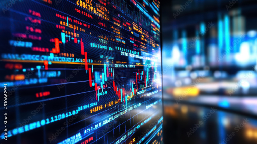 Poster a computer screen shows a graph of stock prices. the numbers are in red and blue, and the graph is v