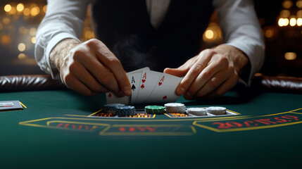 A man is playing poker with a deck of cards. He is holding a card in his hand and is about to place it on the table