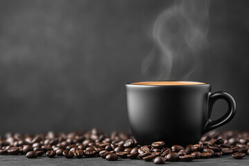 Steaming Hot Black Coffee in Ceramic Cup Surrounded by Roasted Coffee Beans on Gray Background