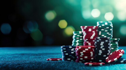 Fototapeta premium A pile of poker chips on a table. The chips are red, green, and blue. Concept of excitement and anticipation, as if someone is about to start a game of poker
