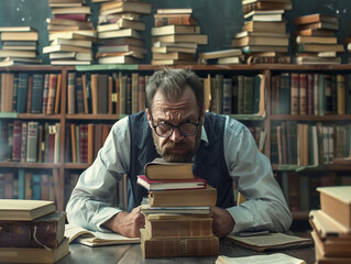  Tired Male Teacher With Stack Of Books At Desk.