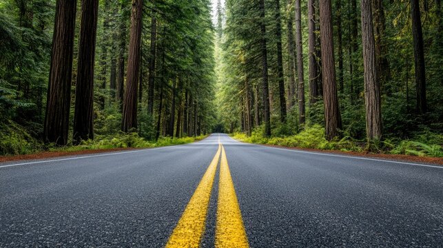 Empty Road Winding Through A Dense Redwood Forest - Powered by Adobe