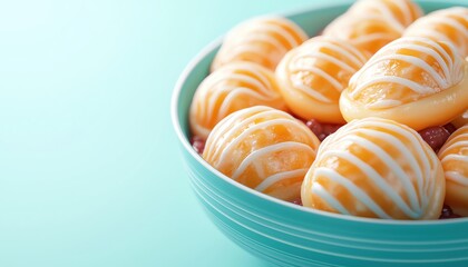 A vibrant bowl of delicious orange sweets, artistically drizzled with white icing, perfect for showcasing desserts or treats.