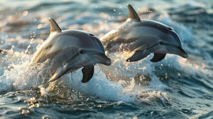 Obraz premium A pair of dolphins leaping out of the water in a dynamic display.
