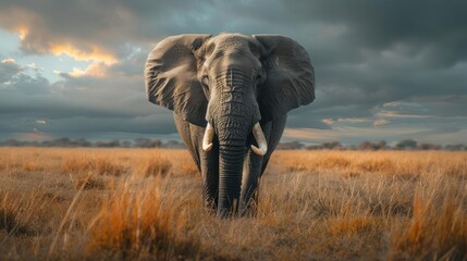 Fototapeta premium A majestic grey elephant standing alone in a field. The image conveys a sense of calm and serenity.