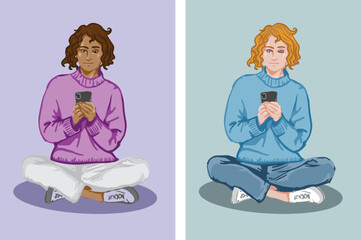 Teen texting on smartphone colored by layers vector illustration
