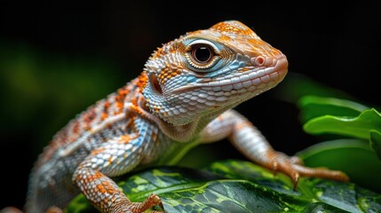 Obraz premium A red and green lizard perched on a plant leaf. It looks at the camera with an inquisitive expression. The background is blurred, emphasizing the lizard as the main subject.