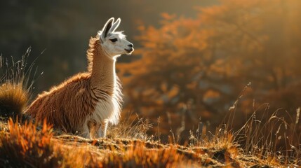 A llama gazes out towards the sunset, standing on a grassy hillside with autumn foliage.