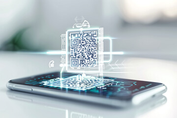 Futuristic Smartphone with Holographic QR Code Display on a Modern White Background